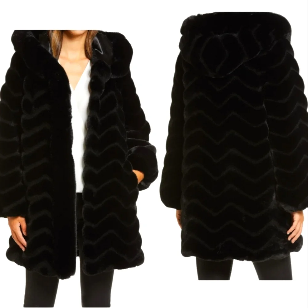Gallery Hooded Black Faux Fur Jacket Sz L - Picture 5 of 16
